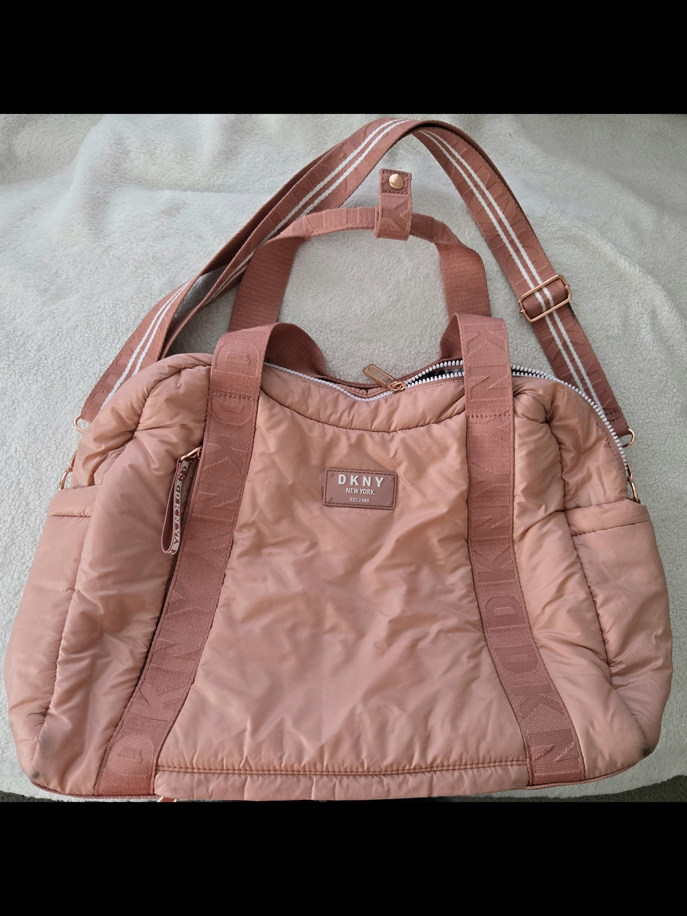 DKNY Underground Quilted Nylon Drop Bottom Shopper Tote Puffer Bag Pink